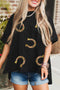Western Glam Sequin Horseshoe Print High Low Tunic Tee