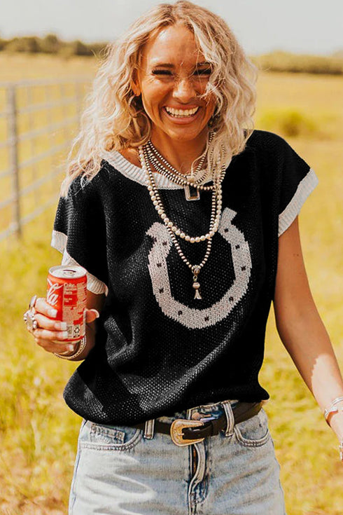 Western Goat Horseshoe Pattern Contrast Trim Short Sleeve Sweater
