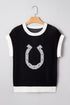 Western Goat Horseshoe Pattern Contrast Trim Short Sleeve Sweater