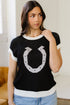Western Goat Horseshoe Pattern Contrast Trim Short Sleeve Sweater