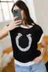 Western Goat Horseshoe Pattern Contrast Trim Short Sleeve Sweater