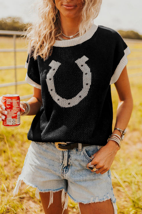 Western Goat Horseshoe Pattern Contrast Trim Short Sleeve Sweater