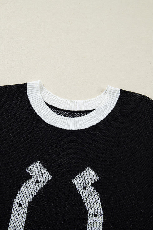 Western Goat Horseshoe Pattern Contrast Trim Short Sleeve Sweater