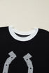 Western Goat Horseshoe Pattern Contrast Trim Short Sleeve Sweater
