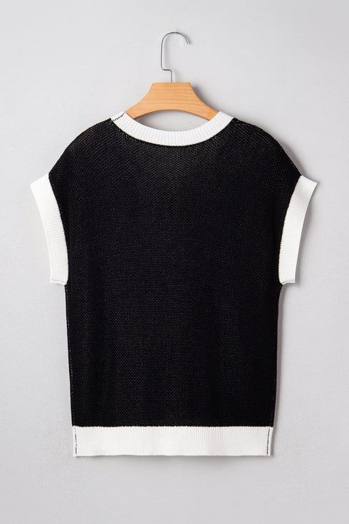 Western Goat Horseshoe Pattern Contrast Trim Short Sleeve Sweater