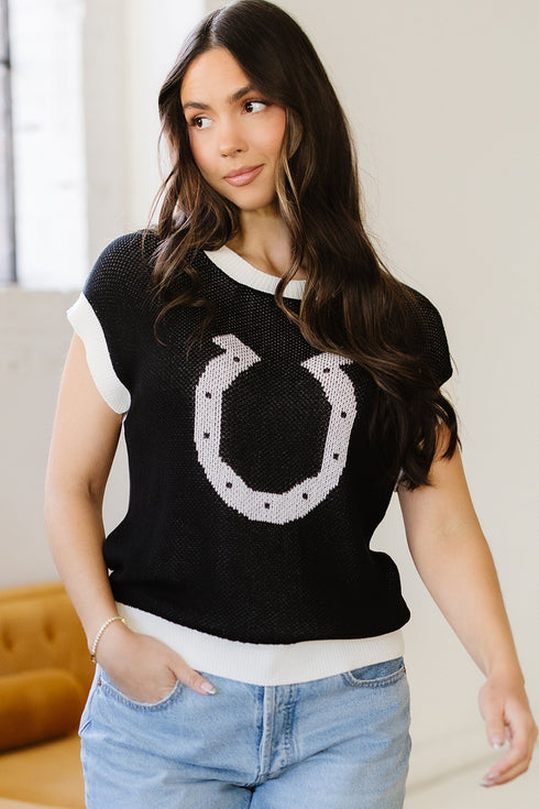 Western Goat Horseshoe Pattern Contrast Trim Short Sleeve Sweater