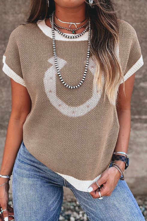 Western Goat Horseshoe Pattern Contrast Trim Short Sleeve Sweater
