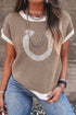 Western Goat Horseshoe Pattern Contrast Trim Short Sleeve Sweater
