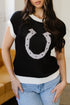 Western Goat Horseshoe Pattern Contrast Trim Short Sleeve Sweater