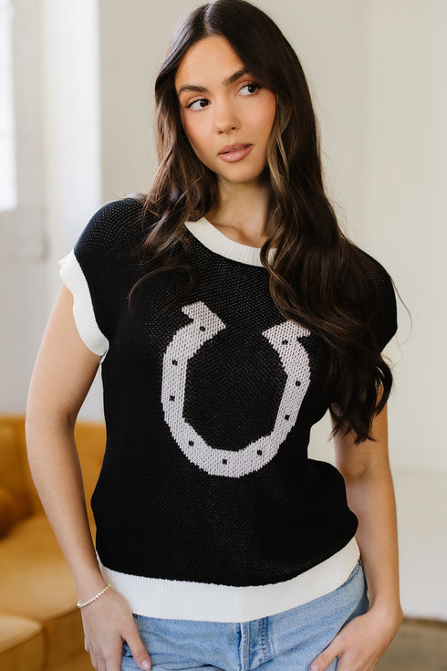 Western Goat Horseshoe Pattern Contrast Trim Short Sleeve Sweater
