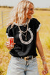 Western Goat Horseshoe Pattern Contrast Trim Short Sleeve Sweater