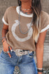 Western Goat Horseshoe Pattern Contrast Trim Short Sleeve Sweater