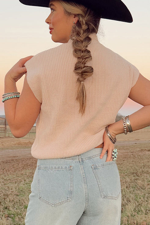 Western Graphic Mock Neck Sleeveless Ribbed Knit Top
