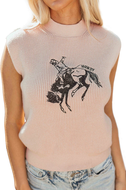 Western Graphic Mock Neck Sleeveless Ribbed Knit Top