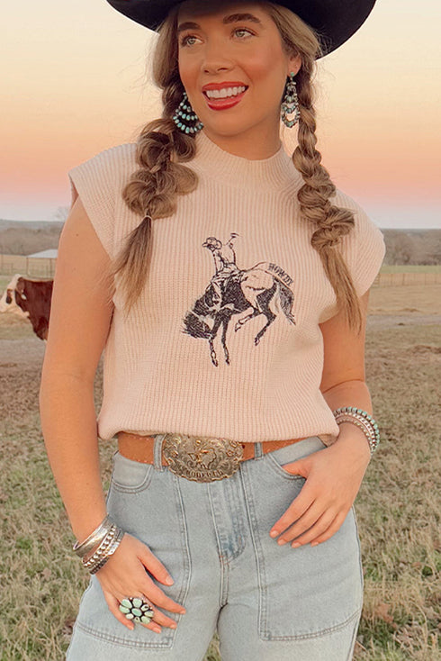 Western Graphic Mock Neck Sleeveless Ribbed Knit Top