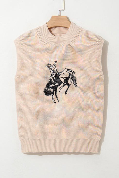 Western Graphic Mock Neck Sleeveless Ribbed Knit Top