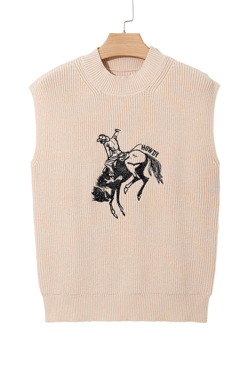 Western Graphic Mock Neck Sleeveless Ribbed Knit Top