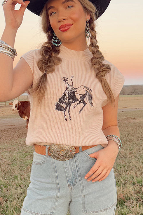 Western Graphic Mock Neck Sleeveless Ribbed Knit Top