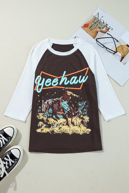 Western Graphic Print Raglan Sleeve Crew Neck Tee
