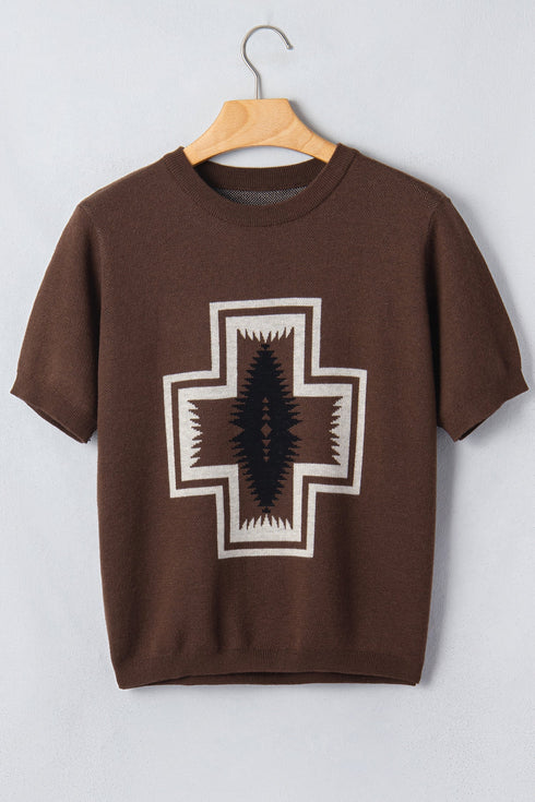 Western Graphic Print Short Sleeve Knit Pullover Sweater