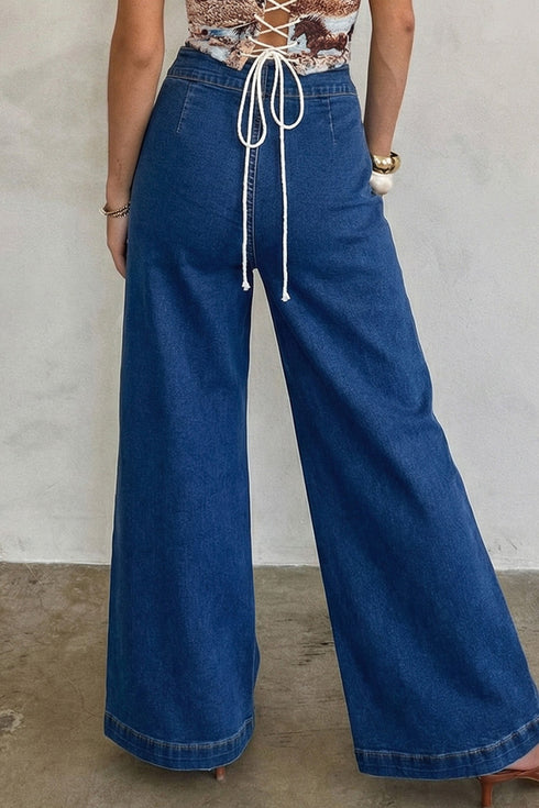 Western Hardware Decor Patched Pocket Wide Leg Denim Pants