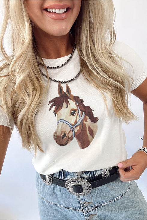 Western Horse Head Graphic Print Knit Short Sleeve Sweater