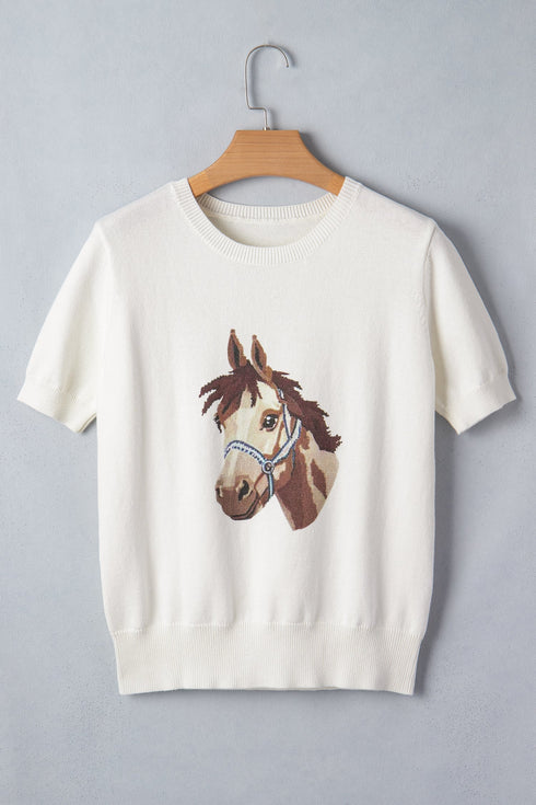 Western Horse Head Graphic Print Knit Short Sleeve Sweater