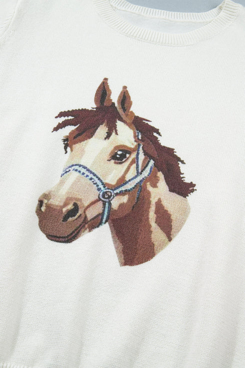 Western Horse Head Graphic Print Knit Short Sleeve Sweater