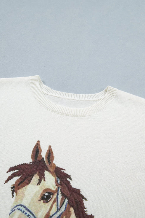 Western Horse Head Graphic Print Knit Short Sleeve Sweater