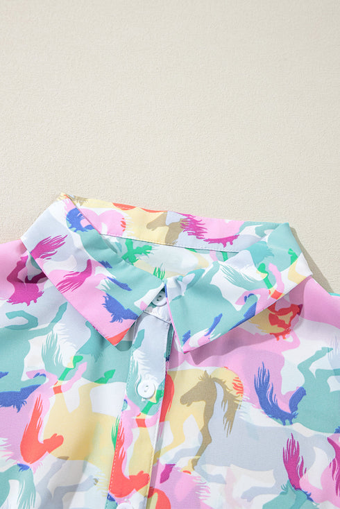 Western Horse Print Long Sleeve Button Down Shirt