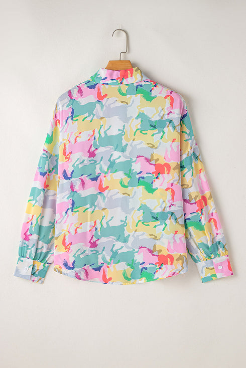 Western Horse Print Long Sleeve Button Down Shirt