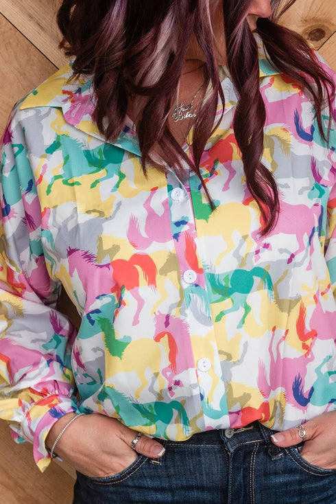 Western Horse Print Long Sleeve Button Down Shirt