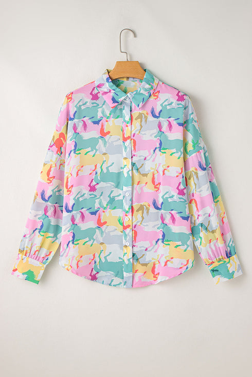 Western Horse Print Long Sleeve Button Down Shirt