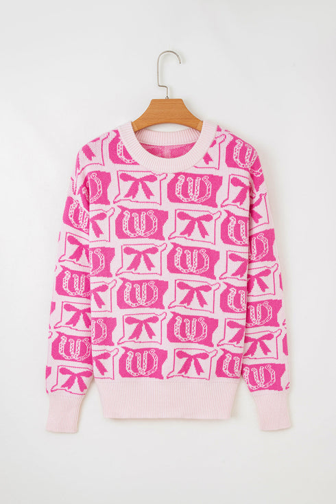 Western Horseshoe And Bow Graphic Crew Neck Sweater