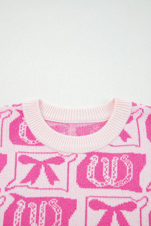 Western Horseshoe And Bow Graphic Crew Neck Sweater
