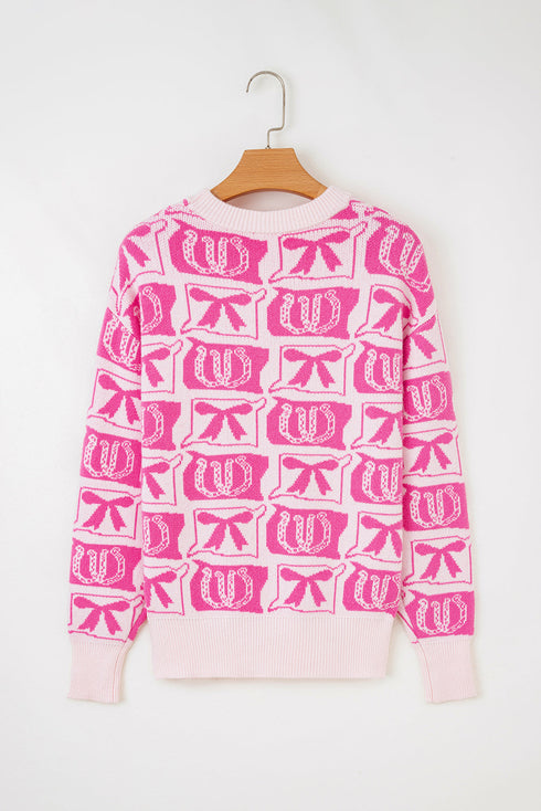 Western Horseshoe And Bow Graphic Crew Neck Sweater