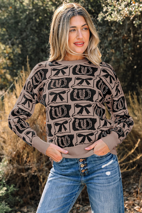 Western Horseshoe And Bow Graphic Crew Neck Sweater