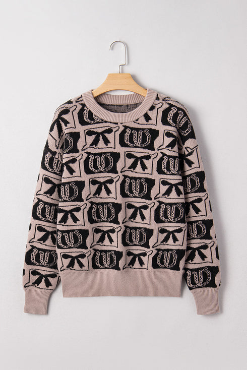 Western Horseshoe And Bow Graphic Crew Neck Sweater