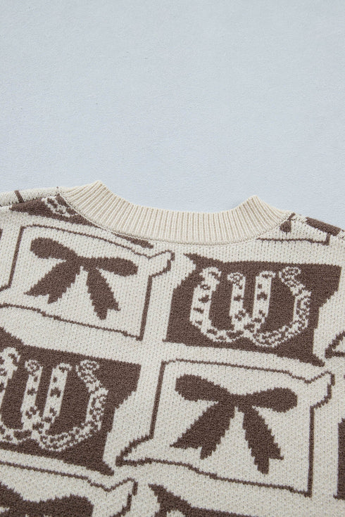 Western Horseshoe Bow Printed Loose Knit Sweater Vest