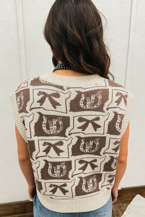 Western Horseshoe Bow Printed Loose Knit Sweater Vest