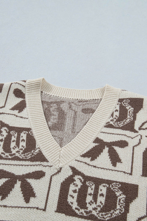 Western Horseshoe Bow Printed Loose Knit Sweater Vest