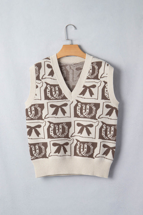Western Horseshoe Bow Printed Loose Knit Sweater Vest
