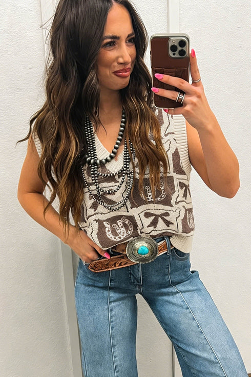 Western Horseshoe Bow Printed Loose Knit Sweater Vest