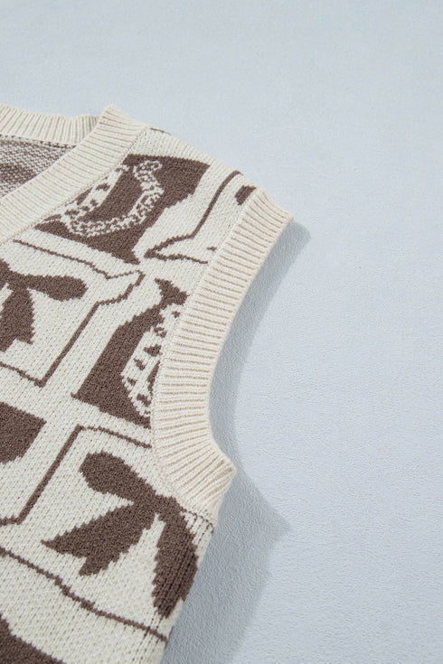 Western Horseshoe Bow Printed Loose Knit Sweater Vest