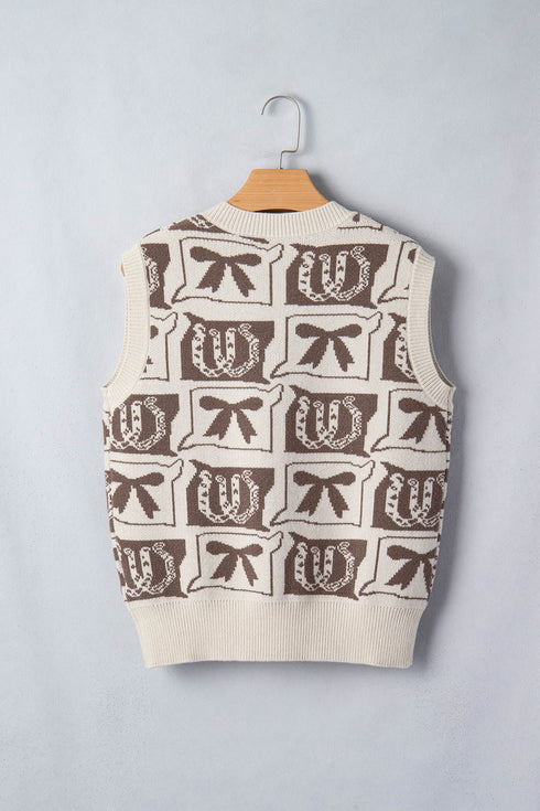 Western Horseshoe Bow Printed Loose Knit Sweater Vest