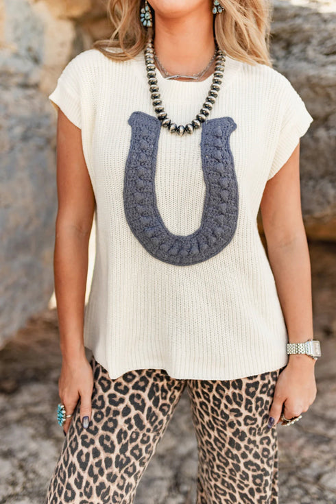 Western Horseshoe Crochet Knit Short Sleeve Sweater