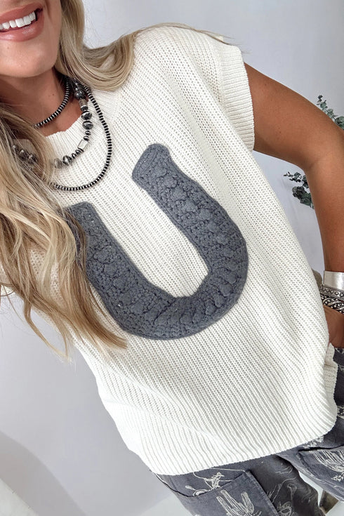 Western Horseshoe Crochet Knit Short Sleeve Sweater
