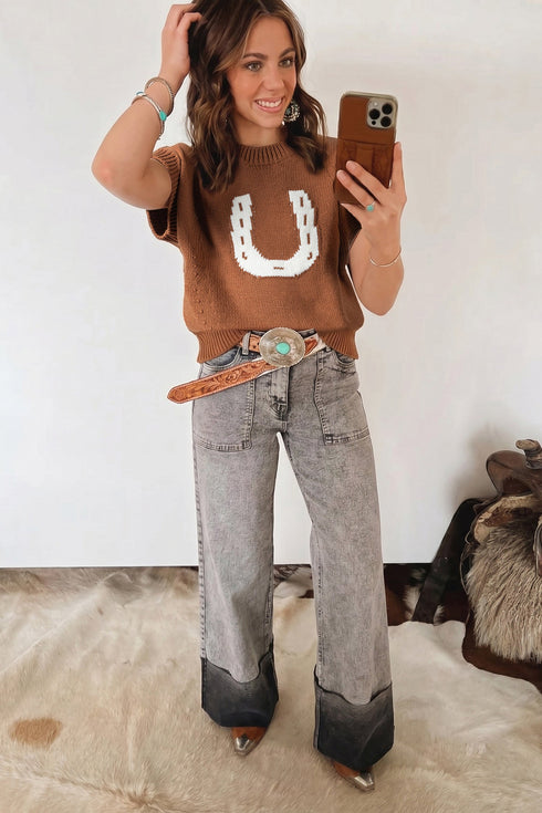 Western Horseshoe Pattern Short Sleeve Knit Sweater