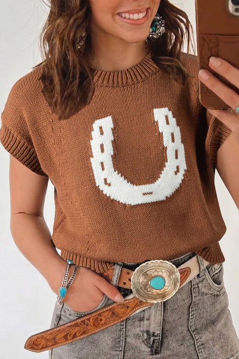 Western Horseshoe Pattern Short Sleeve Knit Sweater