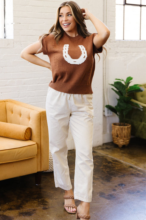 Western Horseshoe Pattern Short Sleeve Knit Sweater